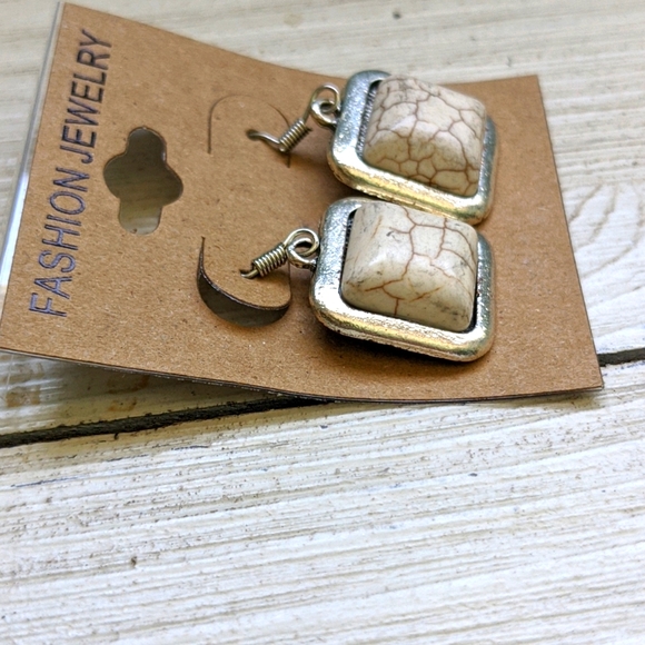 Boho Festival Ivory Antique Square  Stone Earrings - Picture 3 of 7